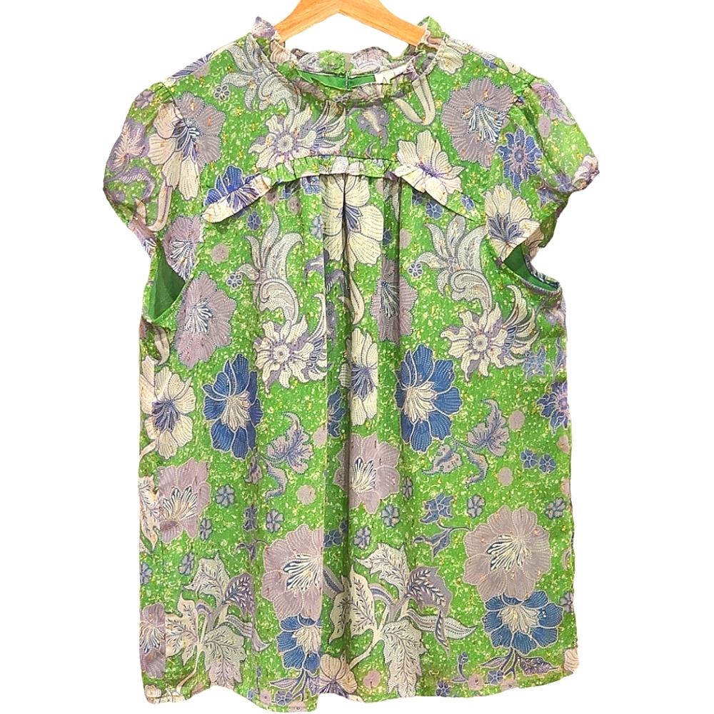 Joie Pleat Femme Floral Top sz L green lavender